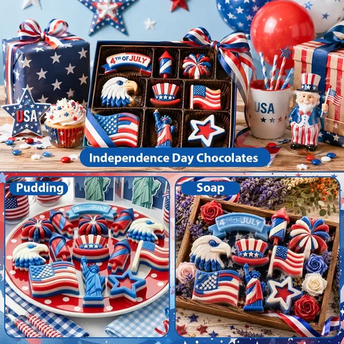 Miniatura 6 de Moldes de silicona para el 4 de julio, paquete de 2 moldes de chocolate para el Día de la Independencia, bandeja patriótica de silicona para dulces
