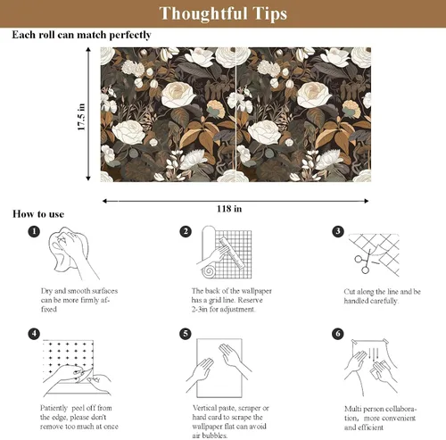 Miniatura 4 de Laatse Papel tapiz floral para despegar y pegar de 17.5 x 118 pulgadas, papel de contacto de flores bohemias, autoadhesivo, extraíble, impermeable
