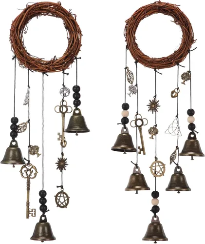 Miniatura 9 de Jetec 2 piezas de campanas de bruja para proteger las puertas, campanas de viento de bruja, corona hecha a mano para decoración de puerta del hogar