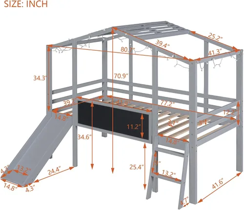 Miniatura 2 de CITYLIGHT Cama loft de madera para niños con tobogán, pizarra, tira de luz y techo, marco de cama de tamaño individual con barandillas de seguridad