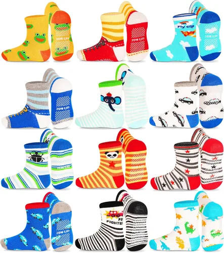 Miniatura 7 de GRPSKCOS Calcetines antideslizantes para niños pequeños, 12 pares de calcetines antideslizantes para niños y niñas de 1 a 7 años