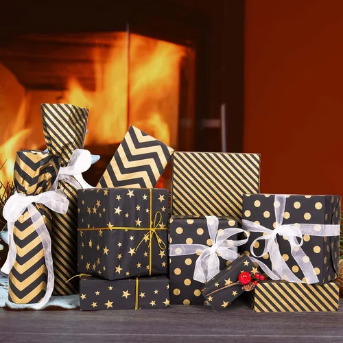 Miniatura 2 de Larcenciel 50 hojas de papel de seda negro y dorado, 5 estilos de papel de seda metálico para bolsas de regalo, papel de seda con purpurina