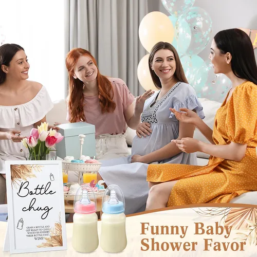 Miniatura 7 de Roowest Bottle Chug Baby Shower Games Favores que incluyen 18 botellas con 1 botella de chug de madera para revelación de género y suministros