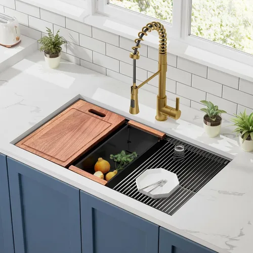 Miniatura 11 de Fregadero de cocina de 30 pulgadas de estación de trabajo bajo encimera - CELAENO Fregadero de cocina hecho a mano de acero inoxidable de calibre 18