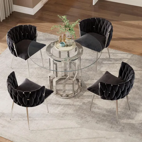 Miniatura 4 de 47.2" Round Glass Dining Table for 4-6, Round Glass Kitchen Table with Steel Legs, Modern Dining Table for Dining Room, Kitchen, Home, Cafe