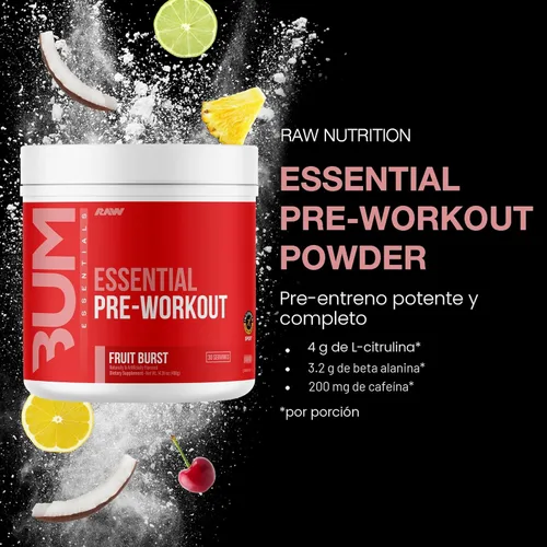 Miniatura 3 de RAW Essential - Polvo preentrenamiento (estallido de frutas) - Suplemento deportivo de Chris Bumstead para hombres y mujeres - Polvo energético