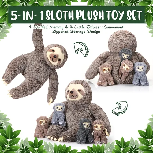 Miniatura 4 de Kasyat Juego de 5 piezas de animales de peluche de perezoso grande de 13 pulgadas, juguete de peluche con 4 bebés, peluches suaves para niños