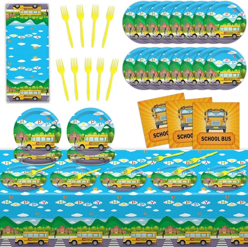 Miniatura 8 de Juego de 61 piezas de vajilla de fiesta de tren de tren de Chugga Choo, platos de automóvil de dibujos animados, servilletas y mantel, suministros