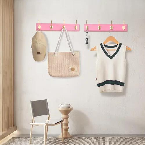Miniatura 2 de Perchero de bambú para montaje en pared, 17 pulgadas, 4 ganchos dobles, paquete de 2, rosa y dorado