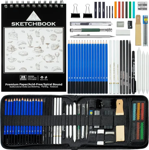 Handyman Crafts Juego de 50 lápices de dibujo para bocetos | Lápices de dibujo, grafito, carbón, libro de bocetos, suministros de dibujo | En