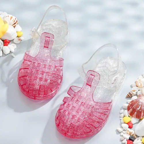 Miniatura 7 de USHOBE Sandalias de jalea de princesa para niñas, sandalias de verano para la playa, zapatos de gelatina con purpurina, sandalias planas