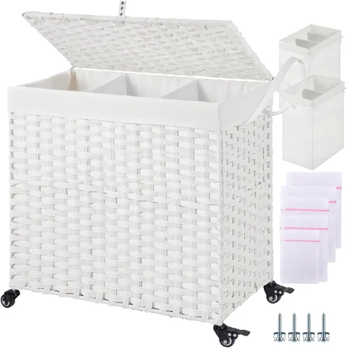 Miniatura 35 de GREENSTELL Cesta para ropa sucia con ruedas y tapa, 130 L, cesta grande de 3 secciones con 2 tipos de bolsas de forro extraíbles, 5 bolsas de malla
