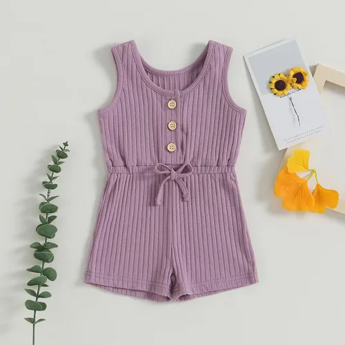 Miniatura 58 de Traje de verano para niña pequeña, de manga corta, acanalado, overol liso, pantalones cortos, ropa para recién nacidos