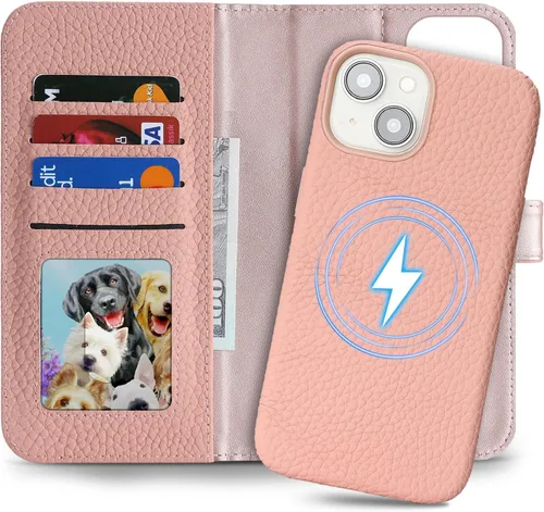 Miniatura 14 de Funda desmontable de piel auténtica para iPhone 13/14, funda magnética 2 en 1 extraíble, soporte de carga MagSafe, función de soporte para tarjetas