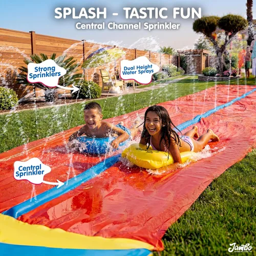 Miniatura 3 de JAMBO 7.3 metros XL Tobogán, Resbaladilla y Aspersor y 2 Tablas de Bodyboard, Tobogán de Agua para Césped de Alta Resistencia, Juguete de Agua