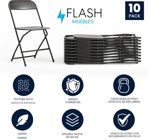 Miniatura 3 de Flash Furniture Hercules - Juego de 10 sillas plegables de plástico resistentes para interiores y exteriores, sillas apilables comerciales plegables