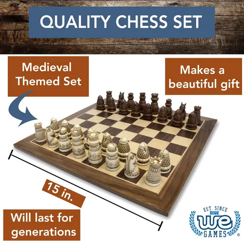 Miniatura 2 de WE Games Juego de ajedrez con temática medieval: tablero de ajedrez de madera con intrincadas piezas de ajedrez Polystone, juegos de ajedrez