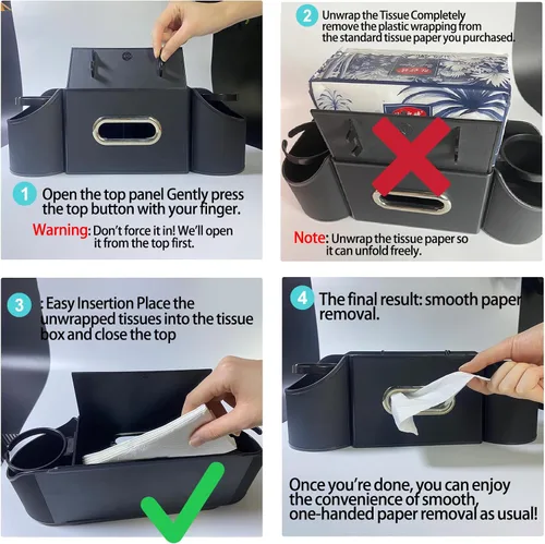 Miniatura 8 de Organizador de asiento trasero de automóvil, organizador de automóvil 4 en 1, asiento trasero con portavasos y caja de pañuelos, organizador de Negro