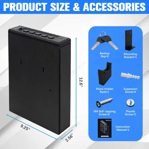 Miniatura 3 de Slider Biometric Pistol Safe 3 maneras de acceso rápido con huella dactilar/teclado/cerradura de llave para mesita de noche cama escritorio