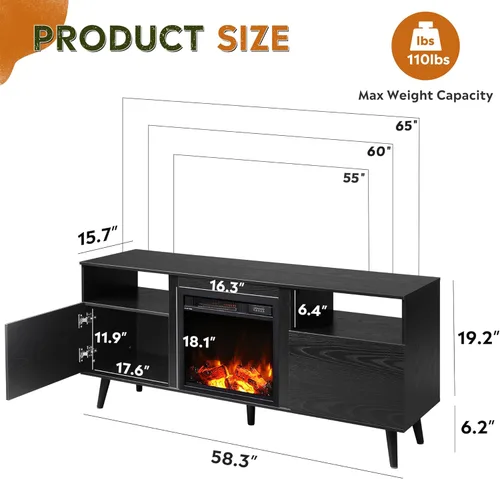 Miniatura 3 de WLIVE Soporte de TV con chimenea para TV de 55 y 65 pulgadas, centro de entretenimiento de mediados de siglo con chimenea eléctrica, consola de TV