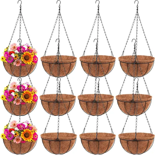 Miniatura 9 de Dandat 1 cesta colgante de metal de 10 pulgadas con forro de fibra de coco, alambre de metal, soporte para plantas, riego al aire libre, macetas