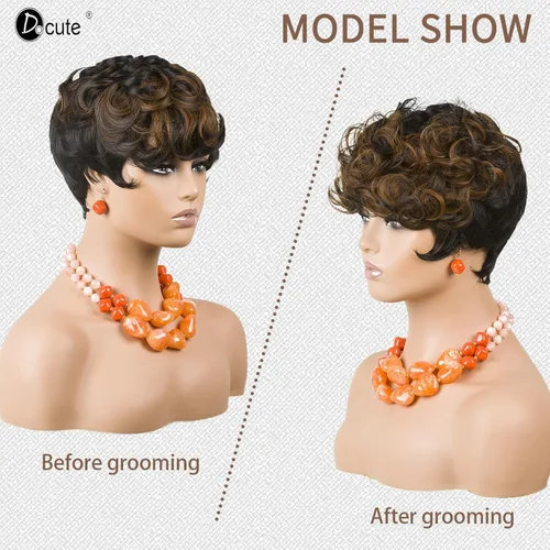 Miniatura 5 de DOcute Pelucas cortas de corte Pixie para mujeres negras, peluca Pixie negra y marrón, pelucas cortas rizadas con flequillo, peluca corta