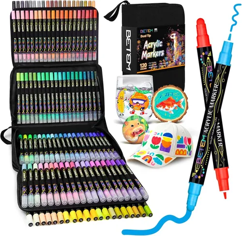 Betem Marcadores de Pintura Acrílica, Punta Dual de 120 Colores, Marcadores de Pintura Premium para Madera, Tela, Lienzo, Piedra, Pintura en Roca,