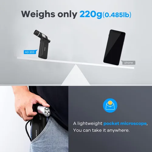 Miniatura 3 de Andonstar AD203 - Microscopio digital portátil de mano, microscopio de bolsillo USB con pantalla de 4 pulgadas para niños y adultos, negro, video