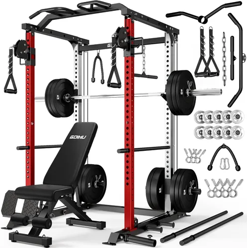 Miniatura 17 de DP01 - Jaula de potencia, estante para sentadillas de 2000 libras con cable cruzado y sistema de polea doble independiente, jaula completa para Rojo