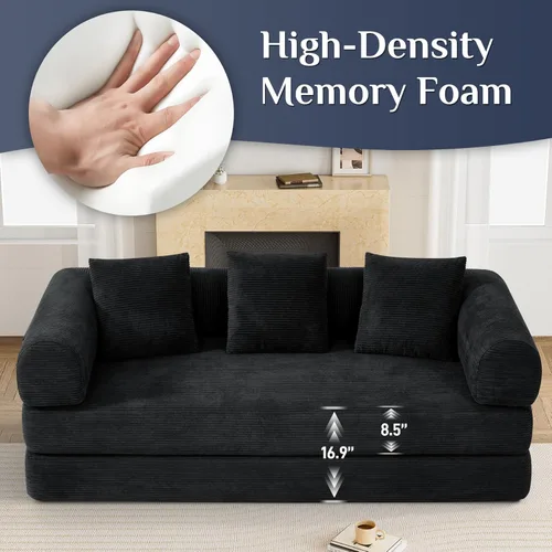 Miniatura 5 de DAMAIFROM Sofá cama convertible con almohada cilíndrica, sofá cama plegable de pana con marco de forma fija, sofá modular de suelo para sala de Negro