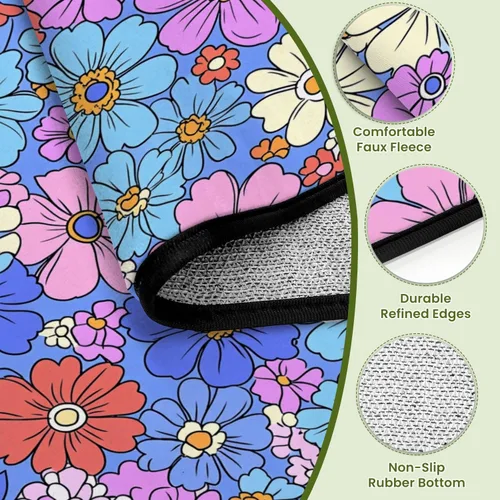 Miniatura 3 de Alfombra colorida estilo retro de los años 60 y 70 dibujada a mano, floral, lila, púrpura, flores, alfombra de juego para exteriores, alfombra