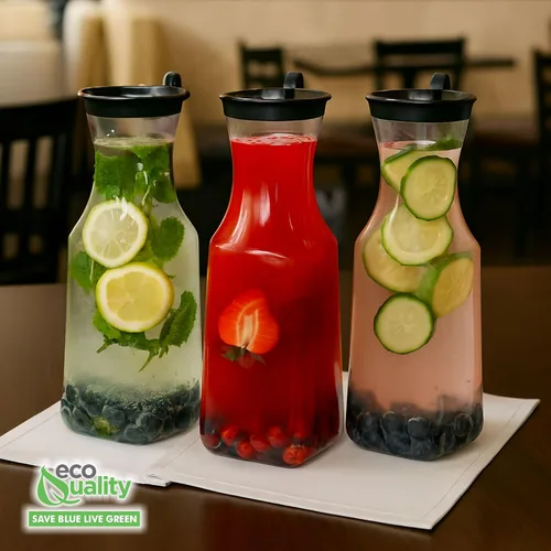 Miniatura 4 de EcoQuality Jarra de agua de plástico transparente de 54 onzas con tapa superior abatible negra, botella de base cuadrada con boquilla para barra