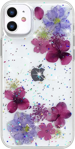 Miniatura 17 de Abbery Funda transparente para iPhone 11 con diseño de flores moradas, bonita funda protectora de silicona suave TPU real seca prensada floral