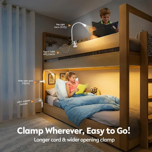 Miniatura 6 de acegoo Luz de lectura minimalista para cabecero de cama, lámpara de clip blanca regulable con adaptador USB-C, cuello flexible y práctico