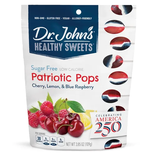 Dr. John's - Caramelos patrióticos sin azúcar, sin azúcar, sin colorantes, a base de plantas, aptos para keto, 14 unidades, bolsa de 3.85 onzas