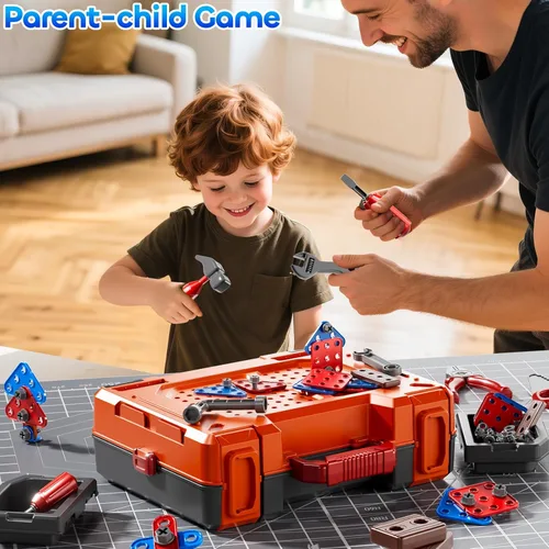 Miniatura 4 de Juego de Herramientas de Juguete para Niños de 3 4 5 6 7 8 años, Juguetes de Banco de Trabajo 2 en 1 para Niños Pequeños de 3-5 años, Caja