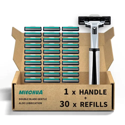 Maquinillas de afeitar para hombre, 2 hojas de afeitar para hombre, incluye 1 mango y 30 cabezales de afeitar reemplazables, afeitadora de viaje