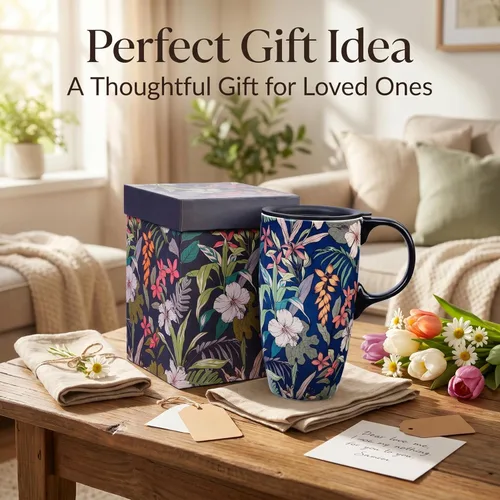 Miniatura 8 de Taza de Café de Cerámica de Porcelana con Tapa para Lata de Té 17oz. Azul y Verde, 2 Piezas
