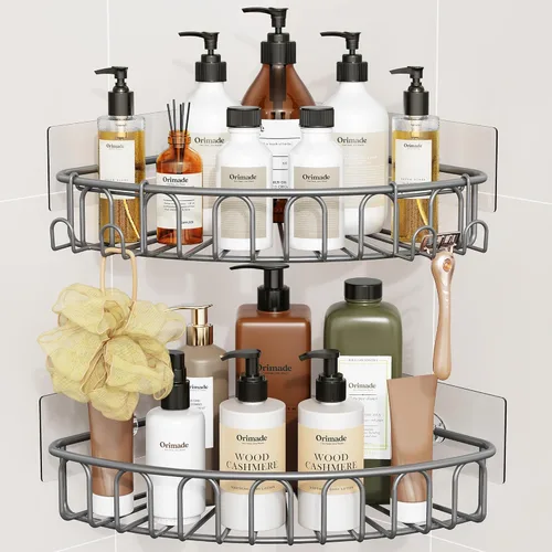 Miniatura 10 de Orimade Organizador de ducha esquinero con 2 ganchos montado en la pared de metal para baño, organizador de almacenamiento, adhesivo, sin Negro mate
