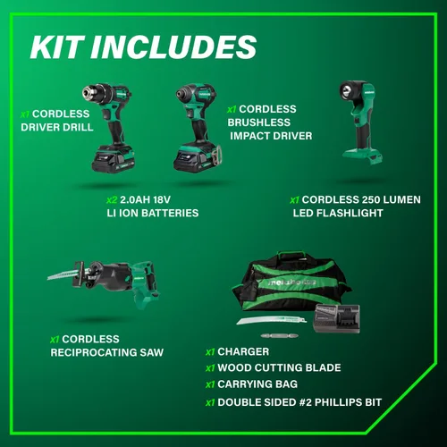 Miniatura 7 de Metabo HPT Taladro Percutor Inalámbrico MultiVolt™ de 18V, Destornillador de Impacto, Sierra Recíproca, y Linterna Kit Combinado de 4 Piezas
