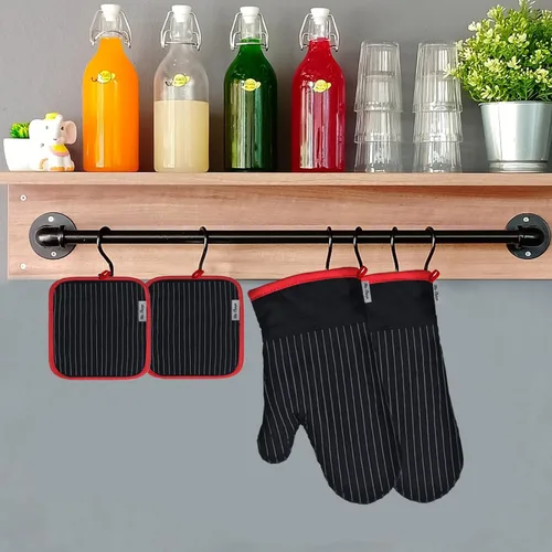 Miniatura 7 de Juego de manoplas de horno y soportes para ollas, guantes de horno y agarraderas con algodón de alta resistencia al calor, extra gruesos, largos