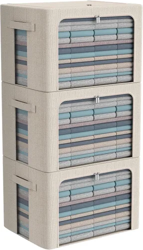 Miniatura 16 de CYhom Paquete de 3 contenedores plegables de almacenamiento - Caja de almacenamiento con marco de tela de lino apilable para ropa con ventana