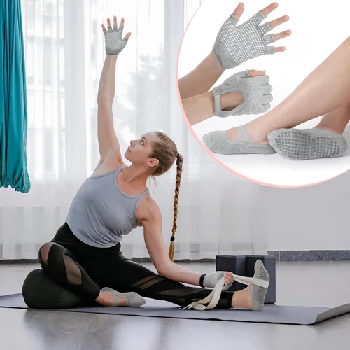 Miniatura 5 de Shihanee 6 pares de guantes de yoga antideslizantes para pilates, con agarre para mujer, guantes de silicona con agarre de puntos, calcetines sin