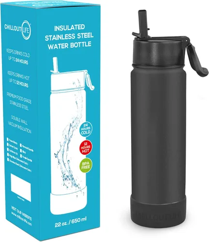 Miniatura 2 de CHILLOUT LIFE Botella de agua aislada para niños de 22 onzas para la escuela con tapa con pajilla, a prueba de fugas y bonitas calcomanías Azul