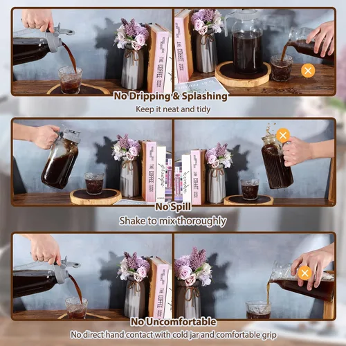 Miniatura 2 de Glyntrof Cafetera de Café Frío Jarra de Vidrio, Frasco Mason de 32 oz con Tapa con Asa y Pico Vertedor con Filtro de Acero Inoxidable para Café Gris
