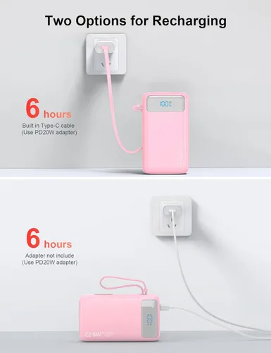 Miniatura 6 de Cargador portátil, 27000 mAh 22.5 W, cargador de batería de carga rápida con cable integrado, batería USB C con pantalla LED y luz flash, cargador