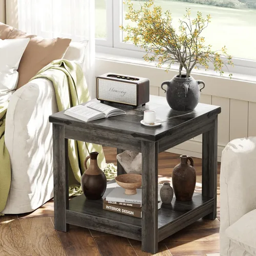 Miniatura 5 de Homieasy Mesa auxiliar, mesa auxiliar cuadrada de 20 x 20 pulgadas para sala de estar, mesa decorativa grande de madera con estante de Roble gris