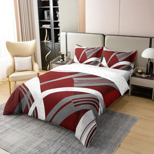 Miniatura 3 de jejeloiu Juego de funda de edredón a rayas 100% algodón, diseño geométrico, 100% algodón, decoración de habitación, diseño geométrico, rojo y gris