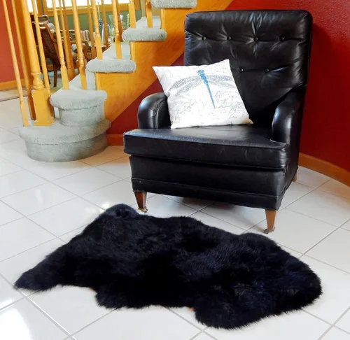 Miniatura 5 de HUAHOO Alfombra de piel de oveja genuina prémium Negra Real de Australia Piel de oveja natural de lujo, alfombra esponjosa de lana de cordero
