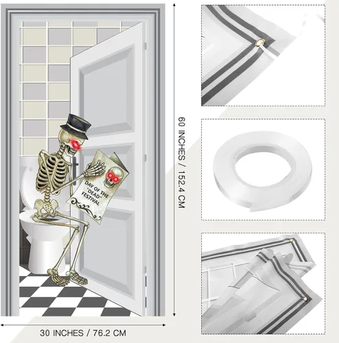 Miniatura 3 de Tatuo Cubierta de puerta de esqueleto - Decoraciones de Halloween, fondo de baño, suministros de fiesta en interiores, 30 x 60 pulgadas